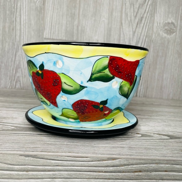 Strawberry Colander Bowl with Plate Saucer Denise Ford Ganz Ceramic Whimsical - Picture 1 of 7